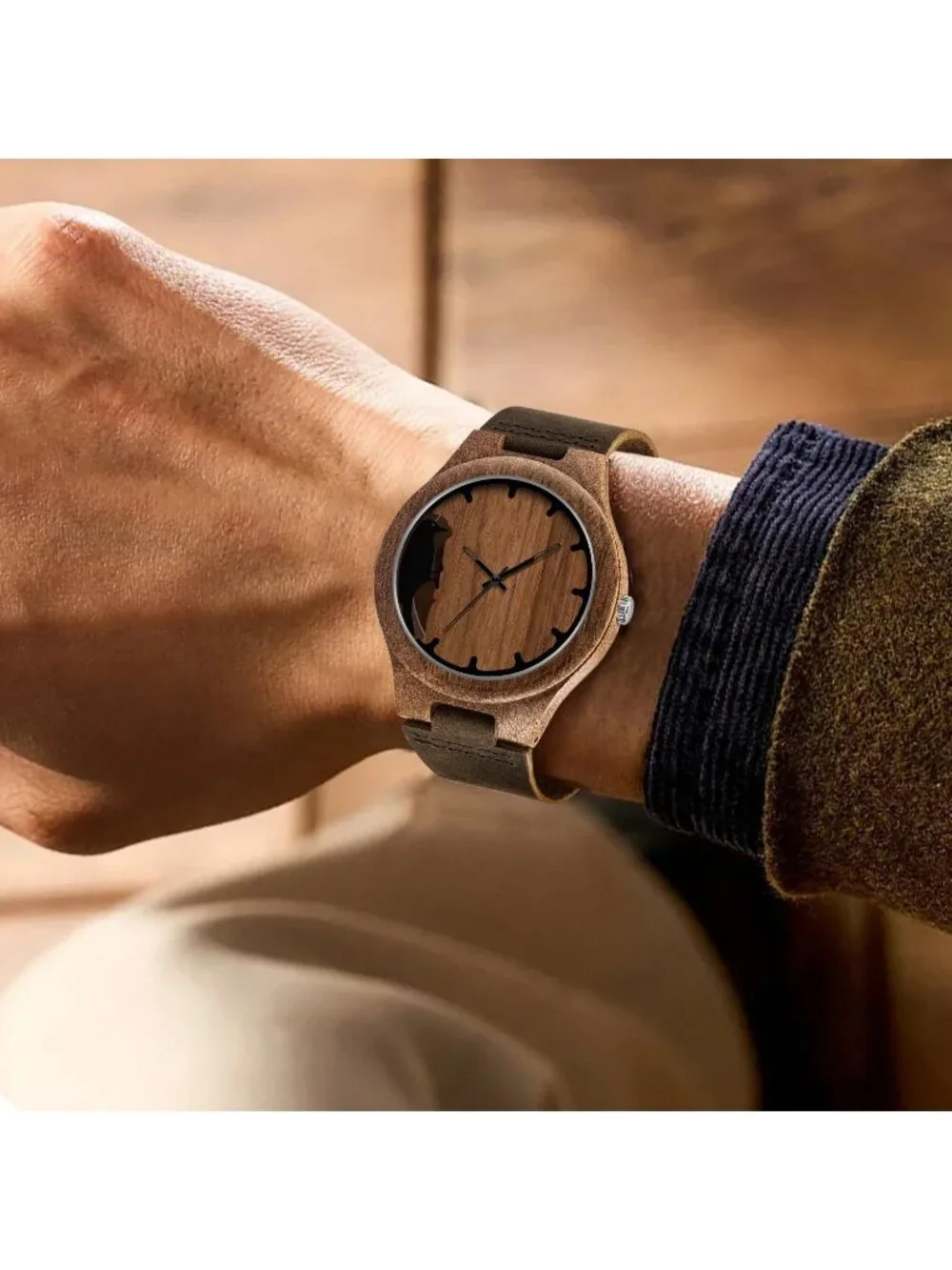 Men's Brown Analog Quartz Handmade Unique Design Leather Strap Wooden Watch